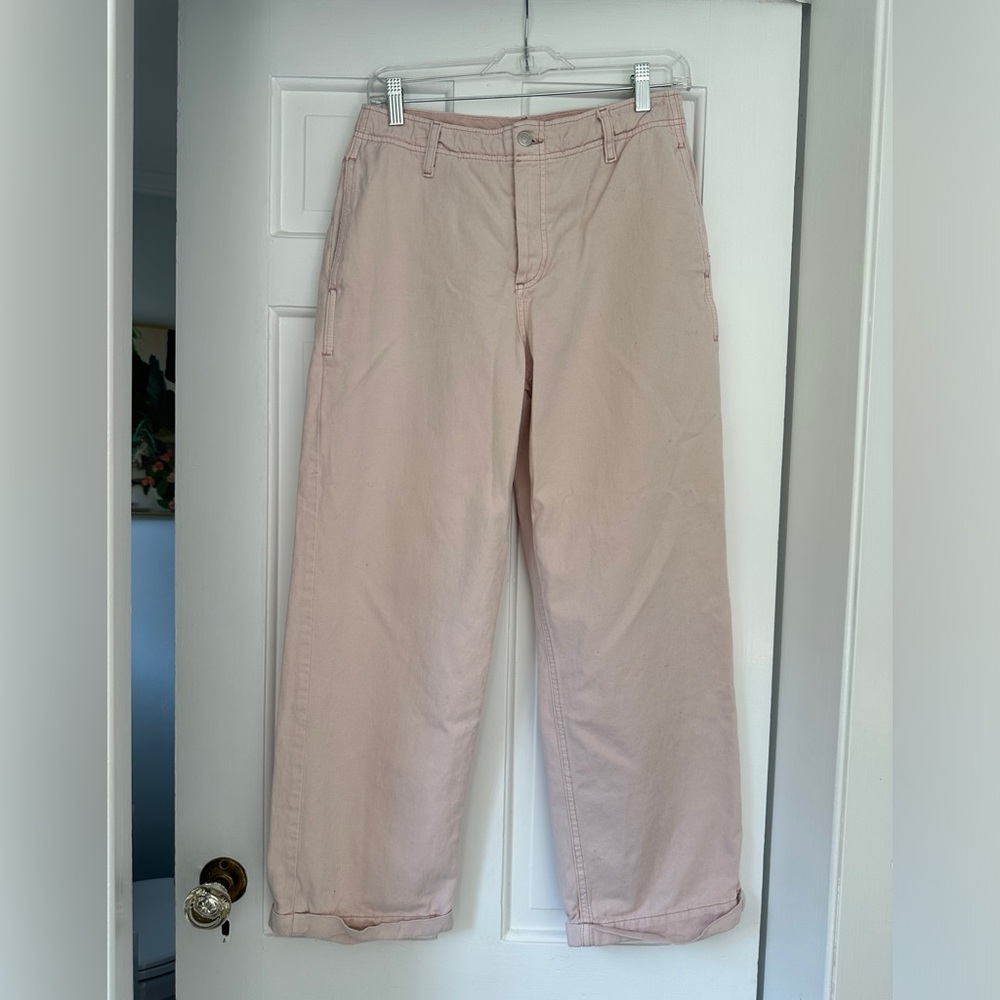 Free People Light Pastel Pink Button Fly Wide Leg 100% Cotton Pants in Size 27